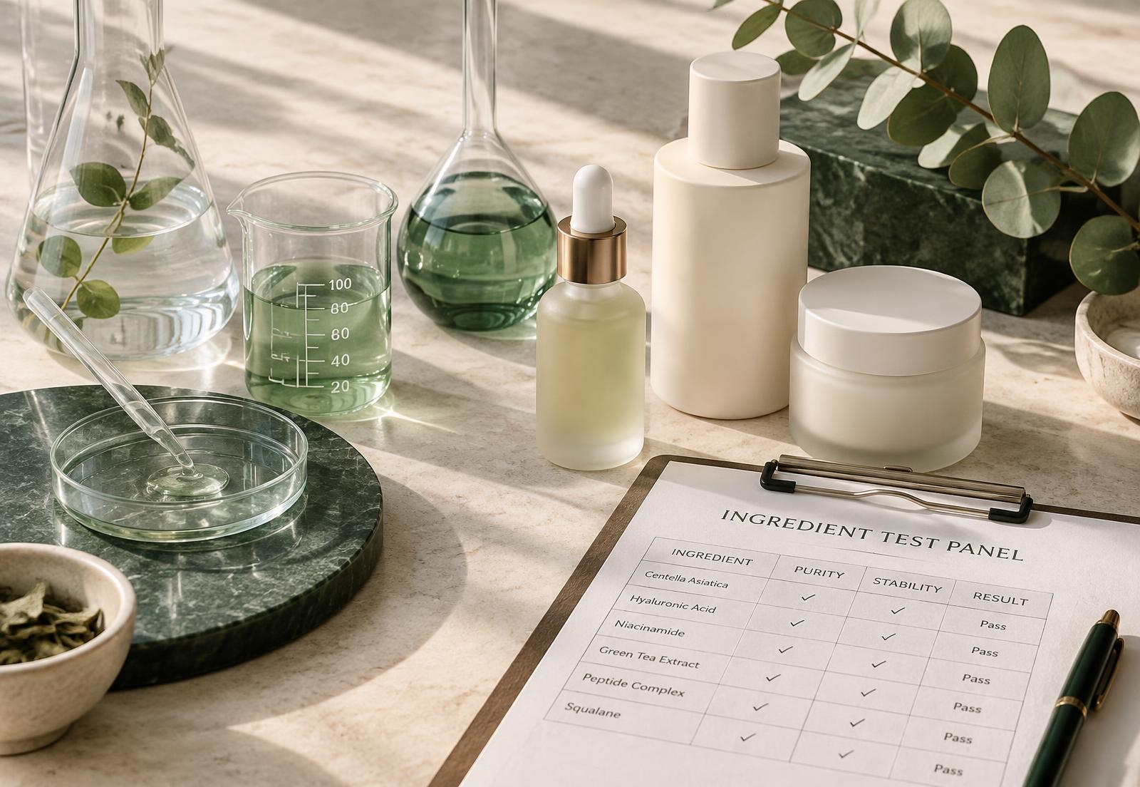 Laboratory glassware and an ingredient test panel beside clean unbranded bottles